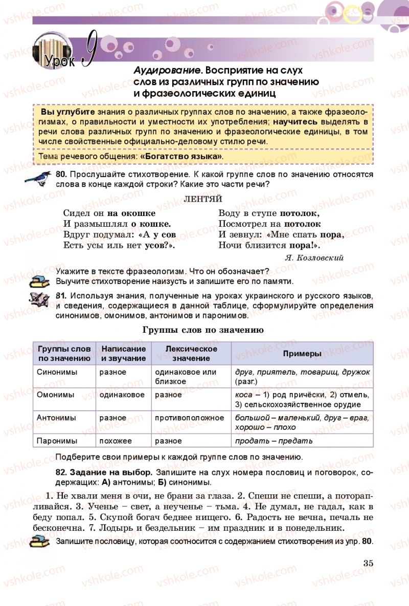Страница 35 | Підручник Русский язык 9 клас Е.И. Самонова, А.Н. Приймак, И.В. Гайдаенко 2017 5 год обучения