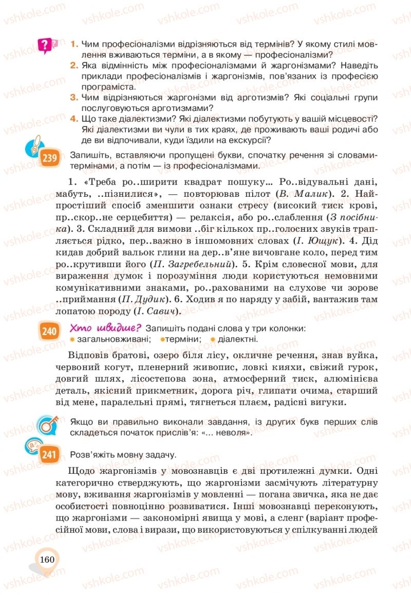 Страница 160 | Підручник Українська мова 10 клас А.А. Ворон, В.А. Солопенко 2018