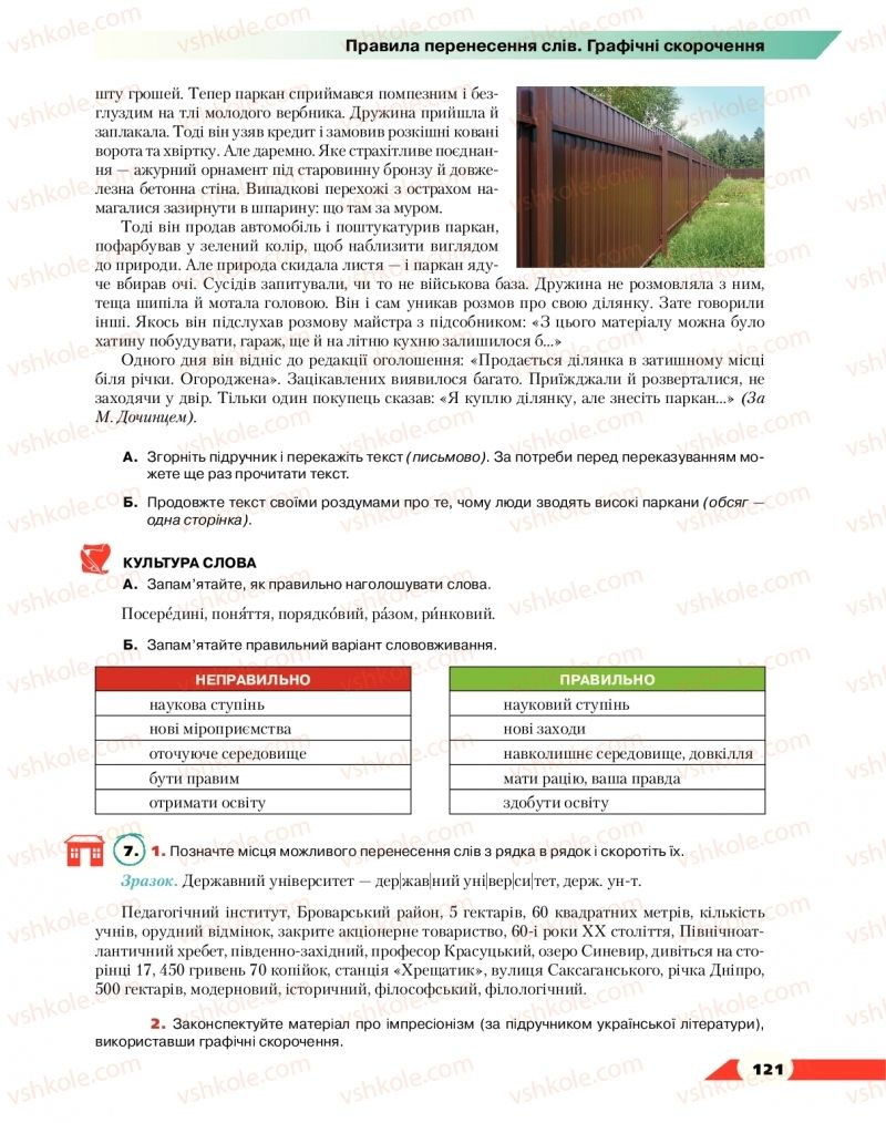 Страница 121 | Підручник Українська мова 10 клас О.М. Авраменко 2018