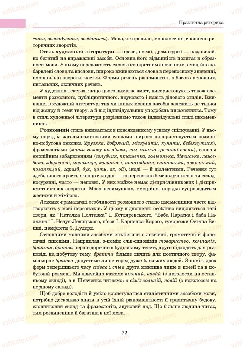 Страница 72 | Підручник Українська мова 10 клас І.П. Ющук 2018