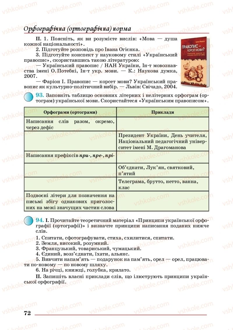 Страница 72 | Підручник Українська мова 10 клас С.В. Шевчук 2018