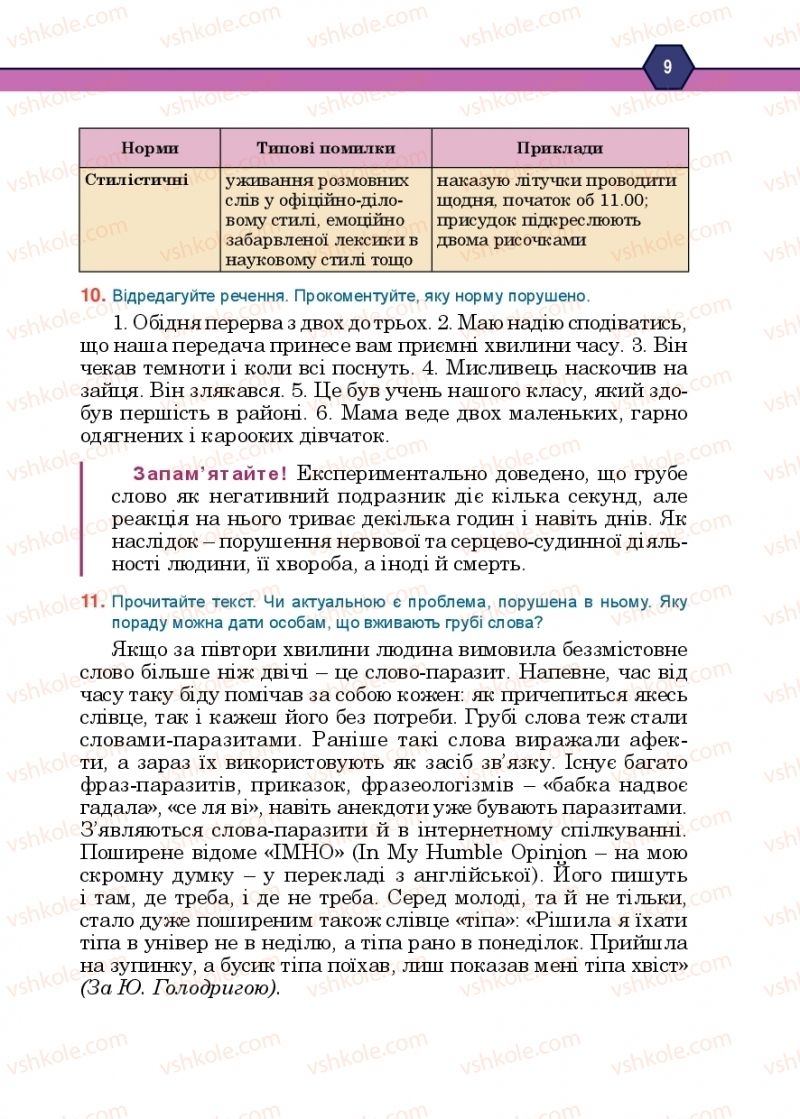 Страница 9 | Підручник Українська мова 10 клас Н.М. Тушніцка, М.Б. Пилип 2018